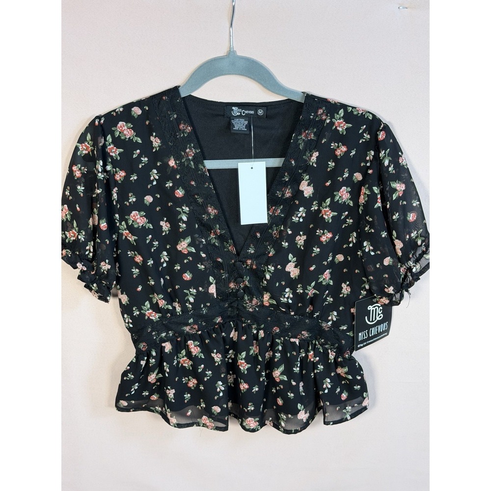 Whimsygoth Flowy Puff Sleeve Black Floral Crop Dark Fairy Hippie NWT